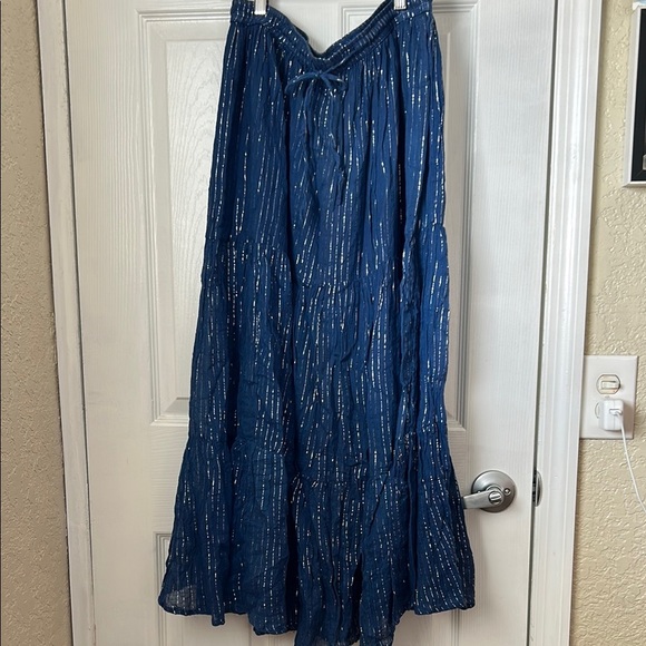 Y2K Cotton gauze tiered blue metallic midi skirt small - Picture 1 of 8